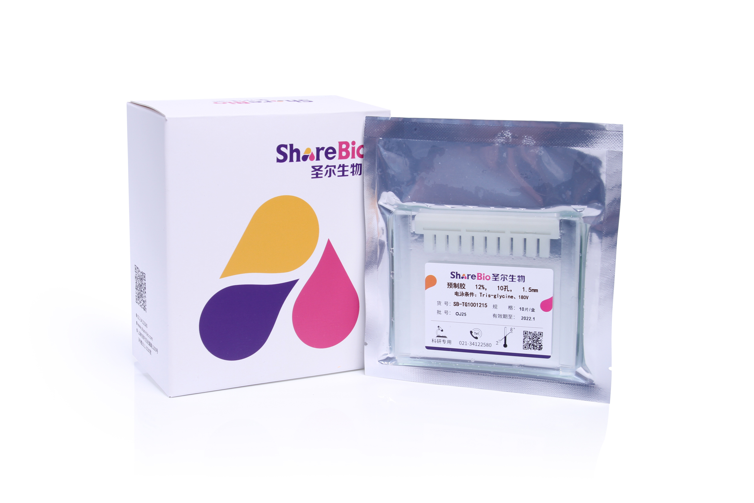 玻璃板预制胶,适用缓冲体系(盒内不含):Tris-glycine,浓度:12%,孔数:10孔,胶厚:1.5mm,上样量:60μl,电压:180V,分离范围:15-85kda